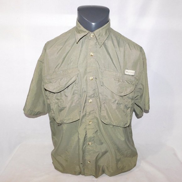 Columbia PFG Mens M Khaki Green Vented Fishing Outdoor Short Sleeve Button Shirt - Picture 1 of 13